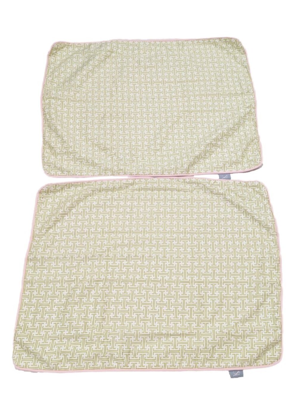 Serena & Lily Pillow Shams Cases 100% Cotton Green White Maze Print Pink Piping